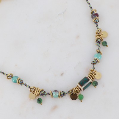 Collier cordon tressé perles en céramique teintée et agate (bleu/vert)