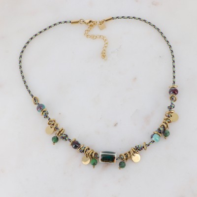 Collier cordon tressé perles en céramique teintée et agate (bleu/vert)